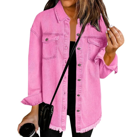 Women’s Oversized Button Up Frayed Hem Shacket Long Sleeve Pockets Denim Jean Jacket Hot Pink L