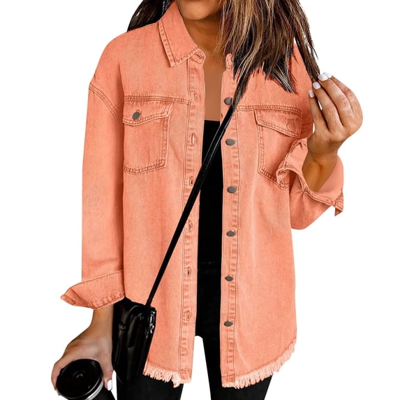 Women’s Oversized Button Up Frayed Hem Shacket Long Sleeve Pockets Denim Jean Jacket Orange S