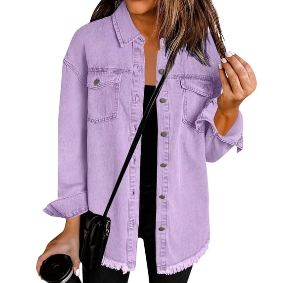 Women’s Oversized Button Up Frayed Hem Shacket Long Sleeve Pockets Denim Jean Jacket Purple S