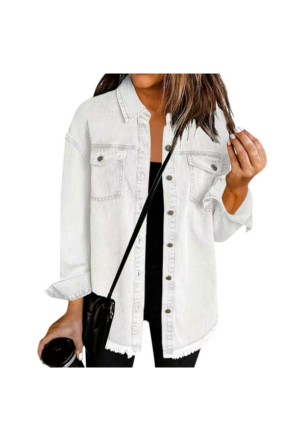 Women's Oversized Denim Jacket Boyfriend Button Down Frayed Hem Shacket Distressed Jean Jackets Fall Outfits White XL