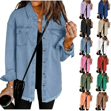Women's Oversized Button Up Frayed Hem Shacket Long Sleeve Pockets Washed Denim Jean Jacket for Women
