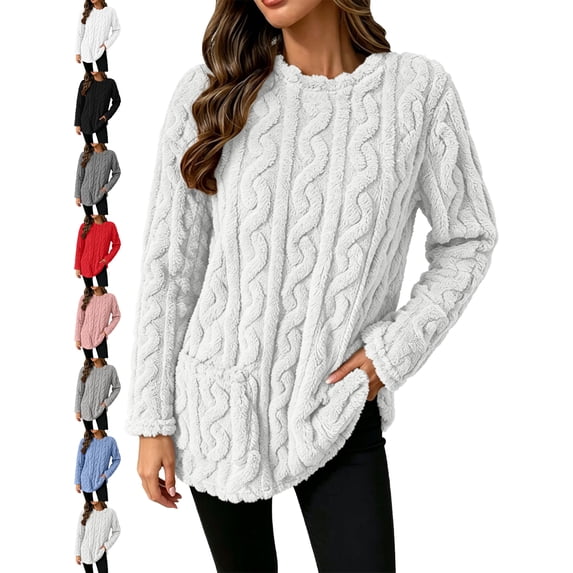 Women's Oversized Cable Knit Crewneck Sweater Pullover Long Sleeve with Pockets Side Slit Casual Everyday Fall Top