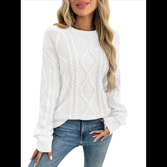 Women's Oversized Cable Knit Crewneck Sweaters White S