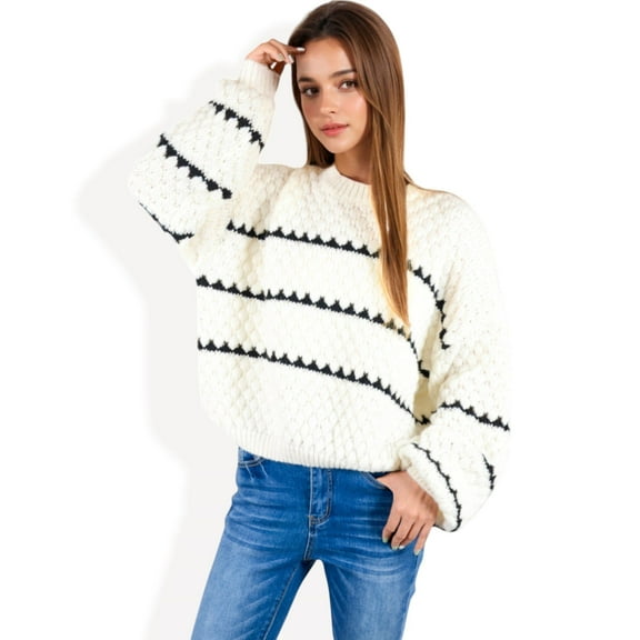 Women's Oversized Cable Knit Sweater with Contrast Stripes - Small, White