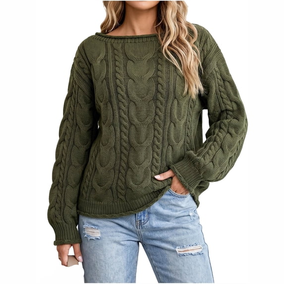 Women's Oversized Cable Knit Sweaters Boat Neck Long Sleeve Sweater Top Soft Stretch Knitted Pullover Tops Fall Winter Fashion Tops Army Green