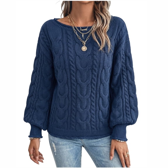 Women's Oversized Cable Knit Sweaters Boat Neck Long Sleeve Sweater Top Soft Stretch Knitted Pullover Tops Fall Winter Fashion Tops Navy