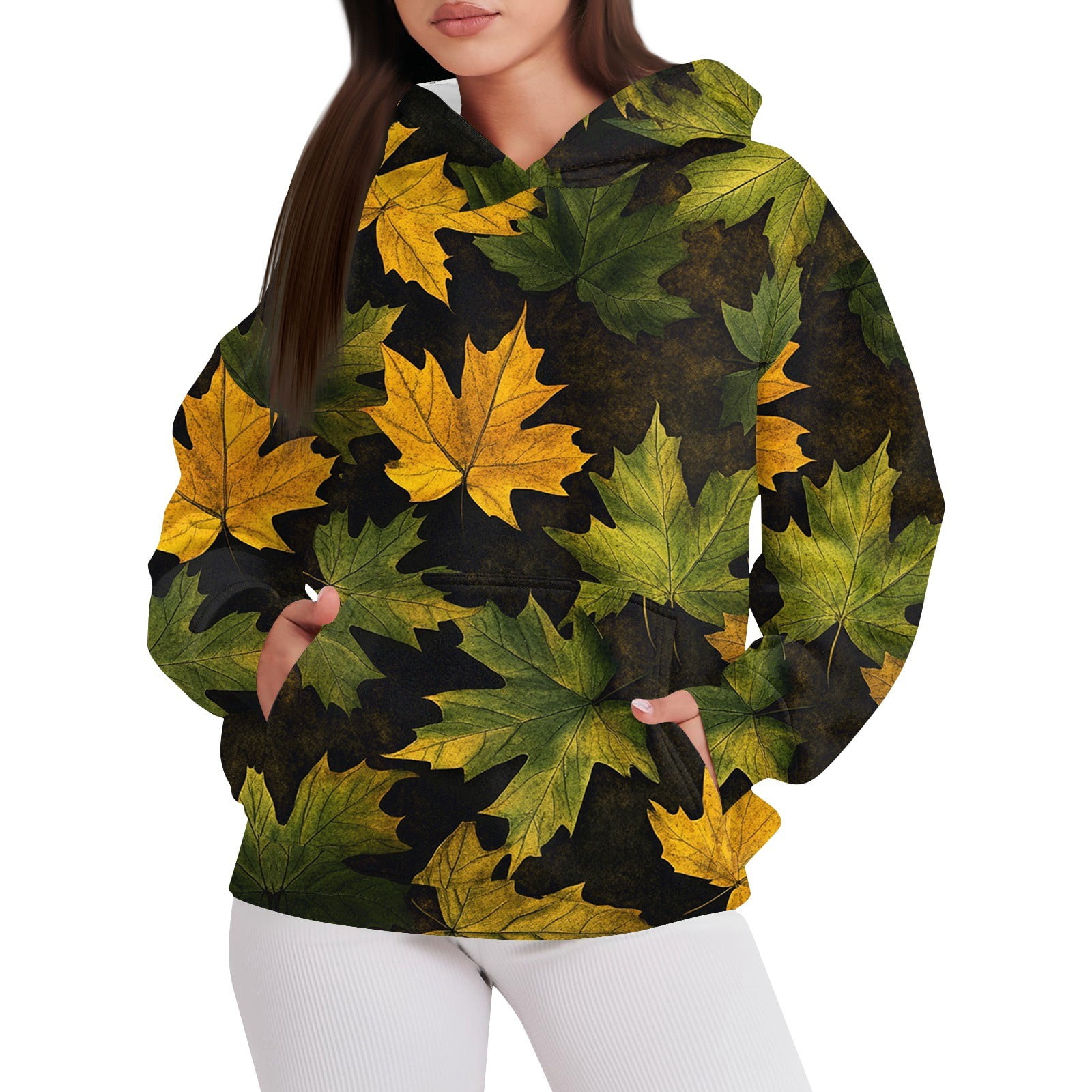 Women's Oversized Camo Hoodies Maple Leaf Print Fleece Pullover Tops