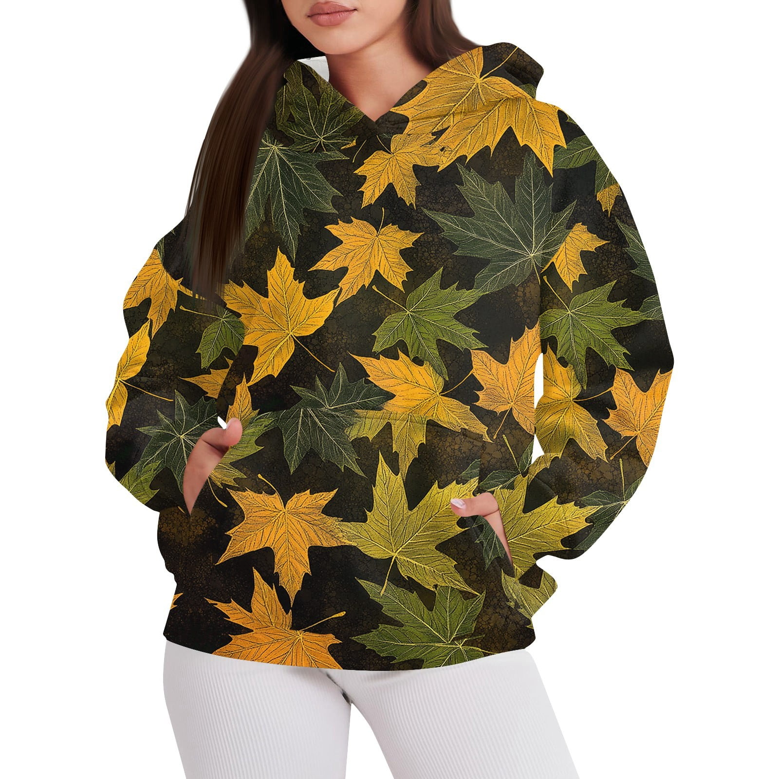 Women's Oversized Camo Hoodies Maple Leaf Print Hooded Sweatshirts Long
