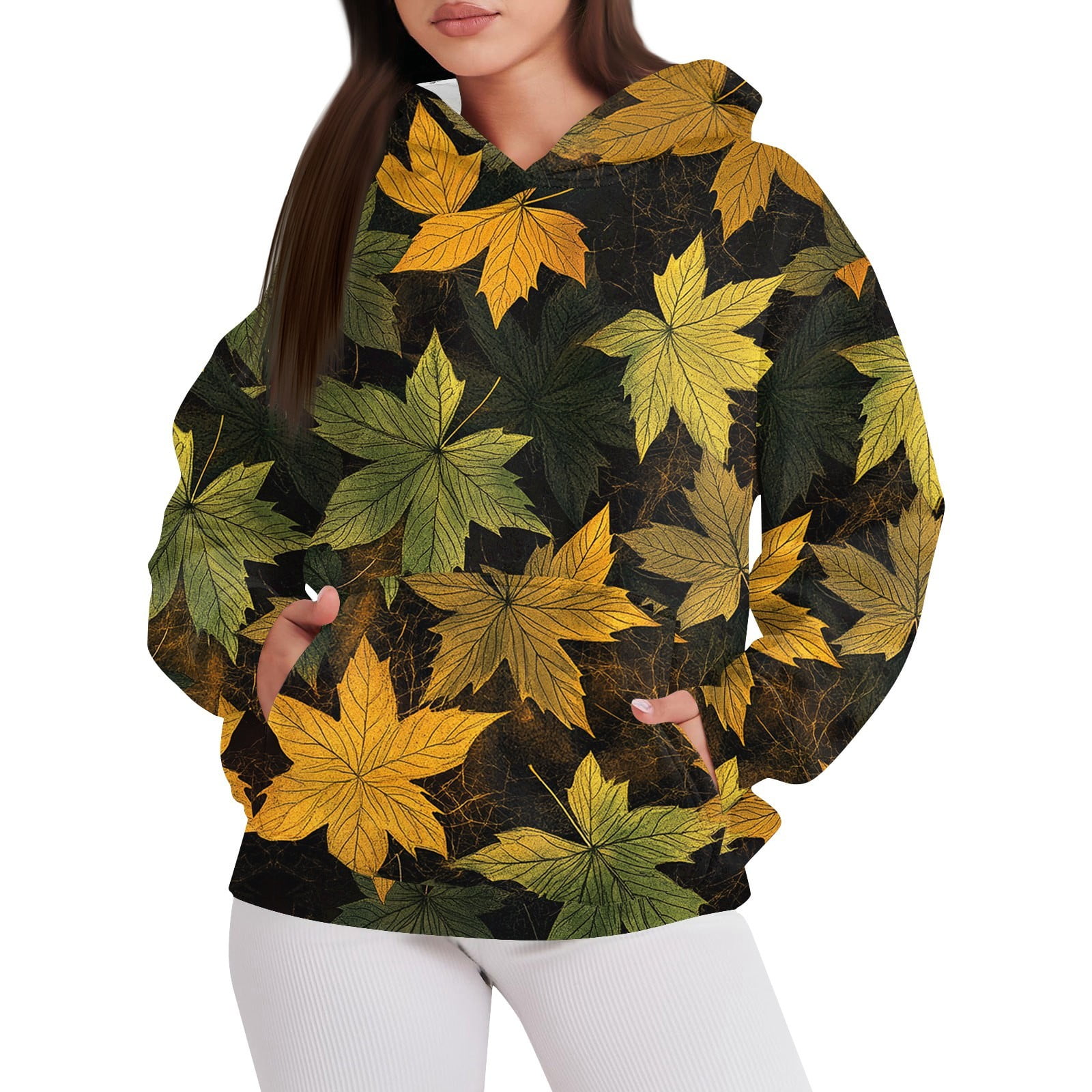 Women's Oversized Camo Hoodies Maple Leaf Print Shirts Long Sleeve Teen