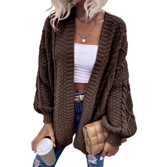 Women's Oversized Cardigan Sweater Front-Open Knitted Lantern Long Sleeve Thick Jacket