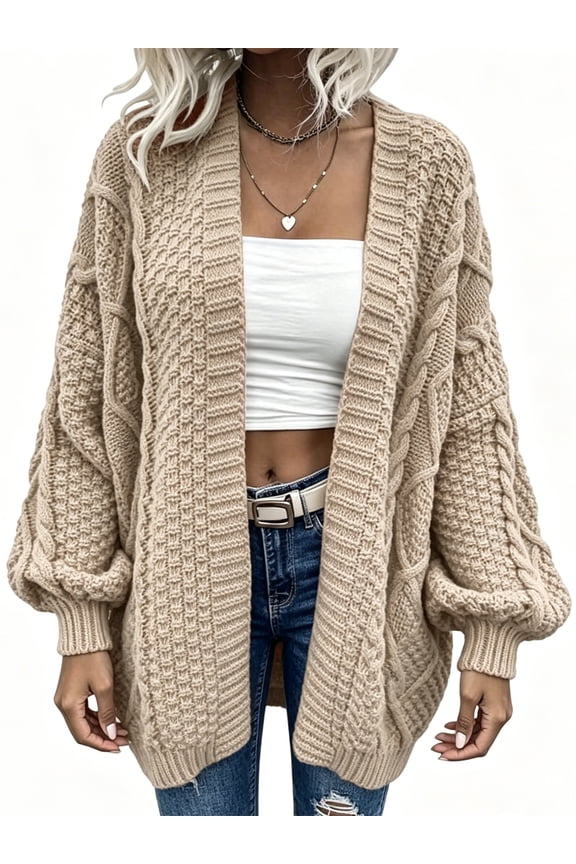 Women Oversized Cardigan Sweater Front Open Knitted Lantern Long Sleeve Thick Jacket