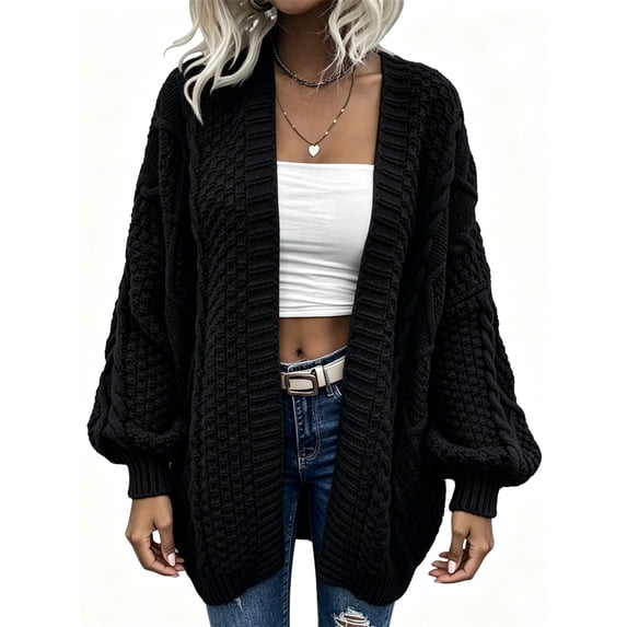 Women Oversized Cardigan Sweater Front Open Knitted Lantern Long Sleeve Thick Jacket