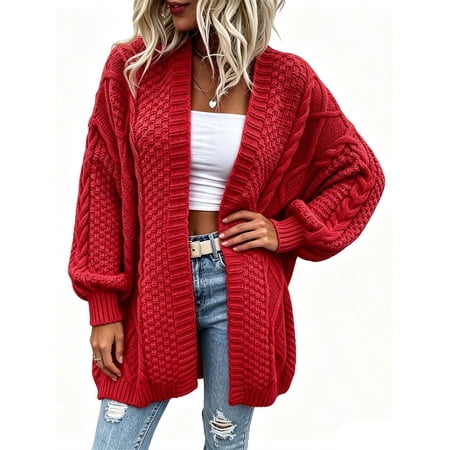 Women Oversized Cardigan Sweater Front Open Knitted Lantern Long Sleeve Thick Jacket