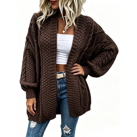 Women Oversized Cardigan Sweater Front Open Knitted Lantern Long Sleeve Thick Jacket