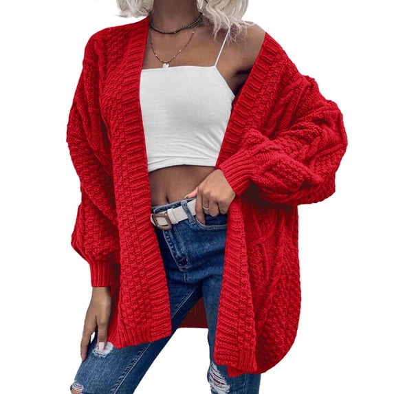 Women Oversized Cardigan Sweater Front Open Knitted Lantern Long Sleeve Thick Jacket