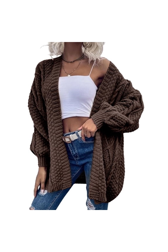 Women Oversized Cardigan Sweater Front Open Knitted Lantern Long Sleeve Thick Jacket