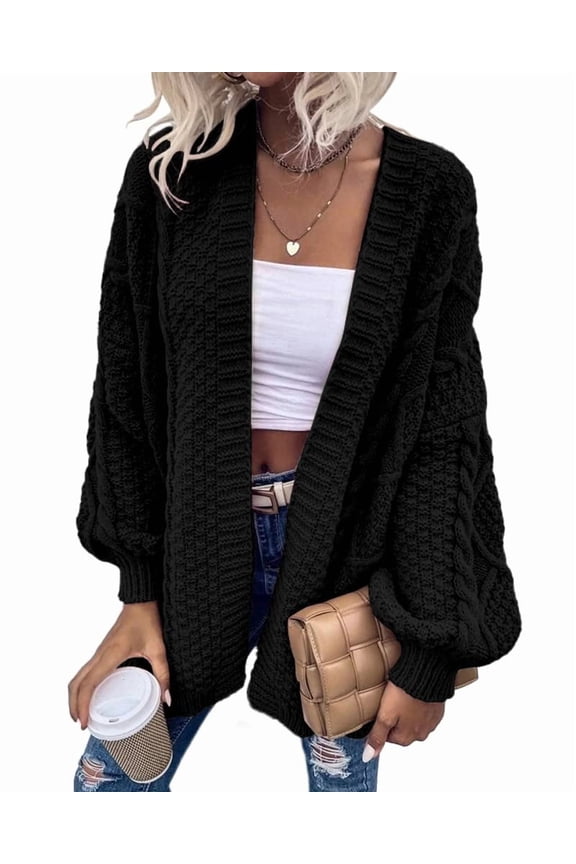 Women's Oversized Cardigan Sweater Front-Open Knitted Lantern Long Sleeve Thick Jacket
