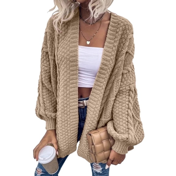 Women's Oversized Cardigan Sweater Front-Open Knitted Lantern Long Sleeve Thick Jacket