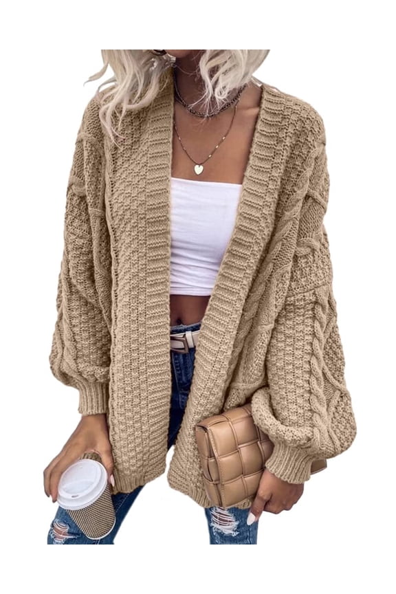 Women's Oversized Cardigan Sweater Front-Open Knitted Lantern Long Sleeve Thick Jacket