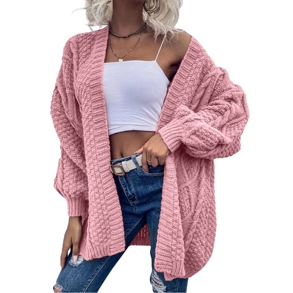 Women Oversized Cardigan Sweater Front Open Knitted Lantern Long Sleeve Thick Jacket