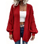 Women Oversized Cardigan Sweater Front Open Knitted Lantern Long Sleeve Thick Jacket