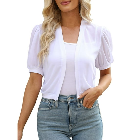 Women's Oversized Cardigan Sweater Lightweight Trendy Homewear Puff Sleeve Bolero Open Front Summer Cropped Sheer Classic Sweater Tops White