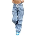 thumbnail image 1 of Women's Oversized Cargo Denim Pants, Streetwear High Waist Baggy Jeans with Multiple Pockets & Wide Leg Design,Sky Blue L, 1 of 5