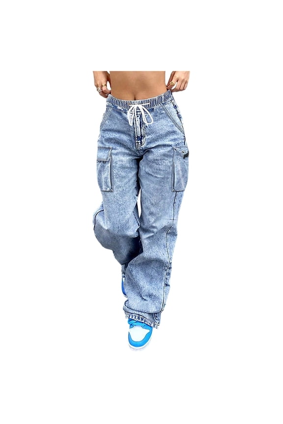 Women's Oversized Cargo Denim Pants, Streetwear High Waist Baggy Jeans with Multiple Pockets & Wide Leg Design,Sky Blue S