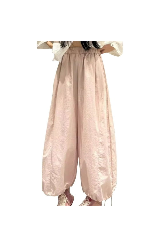 Women's Oversized Cargo Pants Elastic High Waist Baggy Loose Fit Wide Leg Long Pants With Pockets