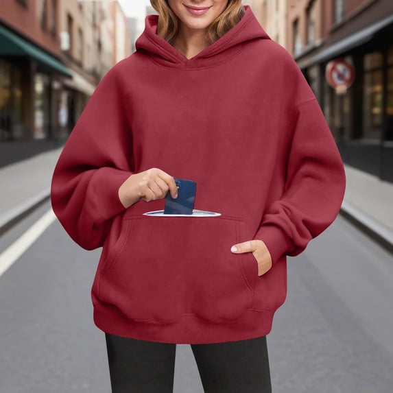 Women's Oversized Casual Hoodie, Long Sleeve Sweatshirt with Pockets, Red