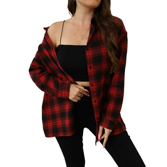 Women's Oversized Casual Lapellong Plaid Shirt Coat Tartan Shacket Jacket Cropped Button down Workshirt with Hood