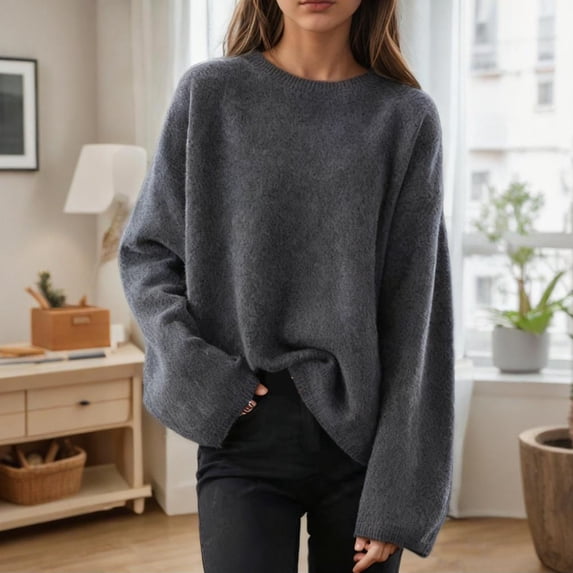 Women's Oversized Casual Sweater, Solid Color Loose Soft Knit Long Sleeved Pullover Sweater Blouse Gray XL