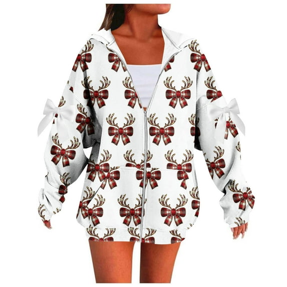 Women's Oversized Christmas Sweatshirt Full Zip Hoodies, Bowknot Long Sleeve Graphic Loose Zip Up Outerwear Jackets