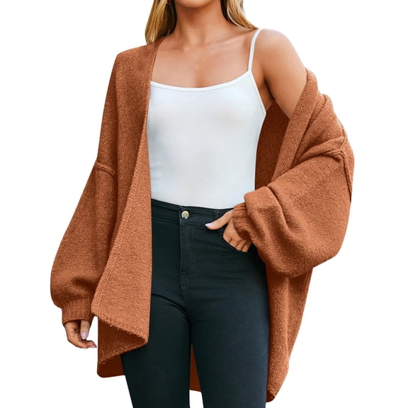 Women's Oversized Chunky Knit Cardigan, Open Front Long Sleeve Sweater Coat, Solid Color Lounge Cardigan, Cozy Fall Winter Sweater, Loose Fit Casual Cardigan, Hip Length Cardigan Orange XL