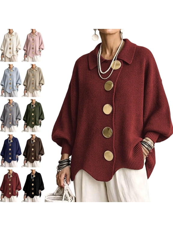 Women's Oversized Collared Knit Cardigan Sweater, Long Sleeve Button Front Pullover, Casual Loose Fit Knit Sweater with Large Metal Buttons