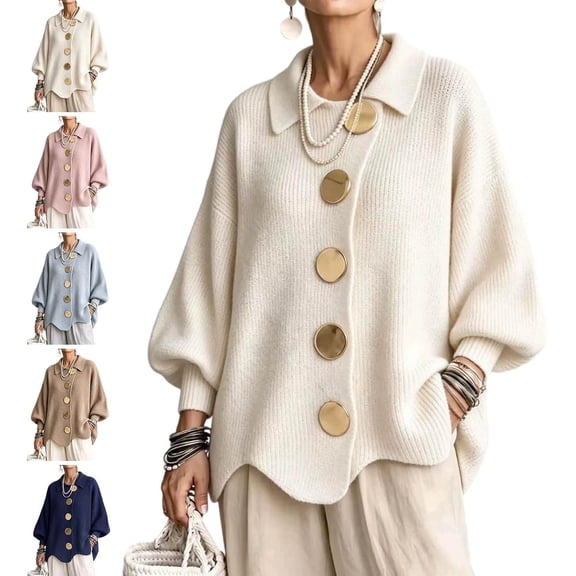 Women's Oversized Collared Knit Cardigan Sweater, Long Sleeve Button Front Pullover, Casual Loose Fit Knit Sweater with Large Metal Buttons