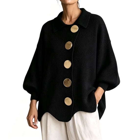 Women's Oversized Collared Knit Sweater with Large Metal Buttons Pullover Top Ribbed Knit Long Sleeve Lounge Wear Polo Shirt Business Cardigan Sweaters Casual Fall Winter Fashion Outerwear Black