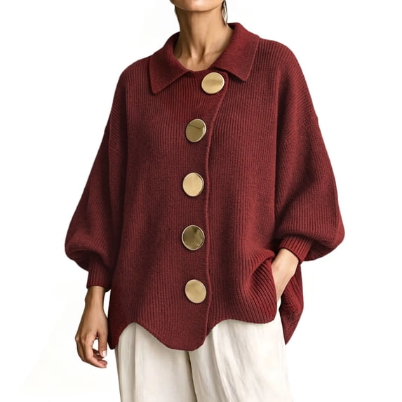 Women's Oversized Collared Knit Sweater with Large Metal Buttons Pullover Top Ribbed Knit Long Sleeve Lounge Wear Polo Shirt Business Cardigan Sweaters Casual Fall Winter Fashion Outerwear Wine