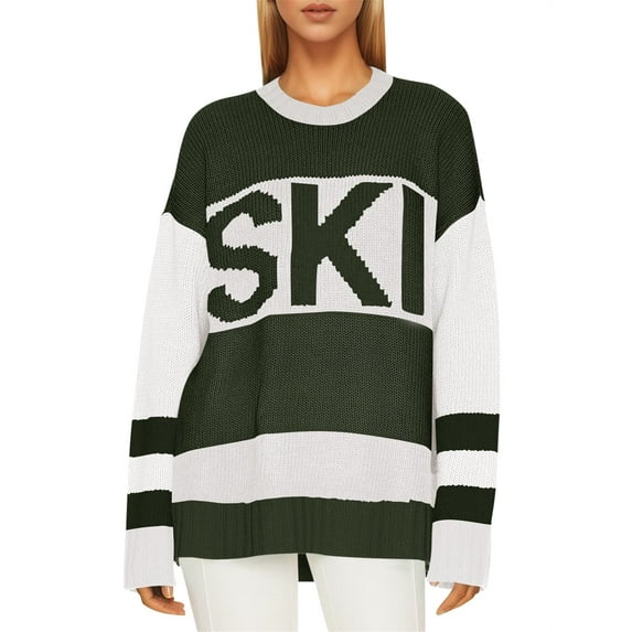 Women's Oversized Color Block Ski Print Sweater Trendy Fall Crew Neck Long Sleeve Pullover Knit Tops