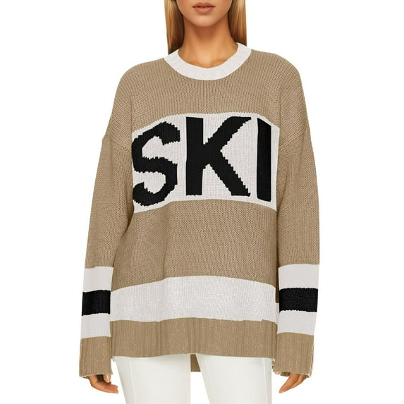 Women's Oversized Color Block Ski Print Sweater Trendy Fall Crew Neck Long Sleeve Pullover Knit Tops