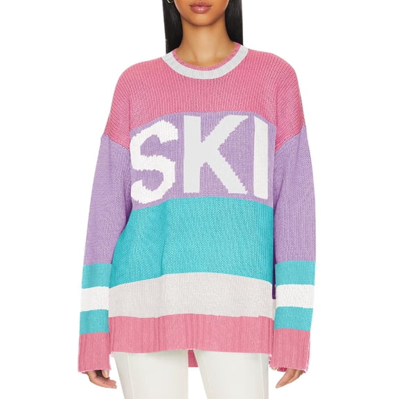 Women's Oversized Color Block Ski Print Sweater Trendy Fall Crew Neck Long Sleeve Pullover Knit Tops