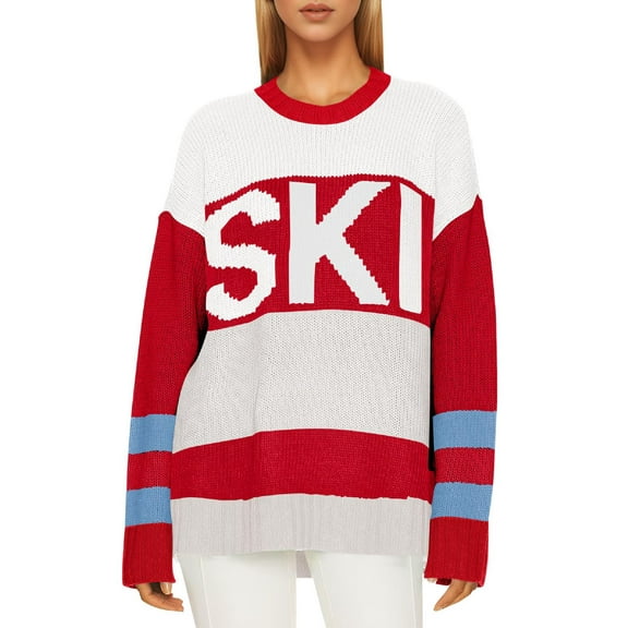 Women's Oversized Color Block Ski Print Sweater Trendy Fall Crew Neck Long Sleeve Pullover Knit Tops