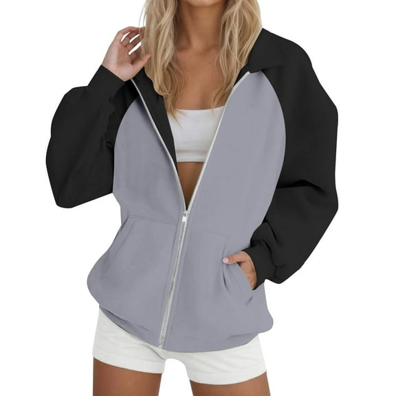 Women's Oversized Color Block Zip Up Hoodie with Lapel Collar & Raglan Sleeves, French Terry Pullover Sweatshirt, Soft Breathable Streetwear Top for Daily, Parties and Vacation Outfits Grey S