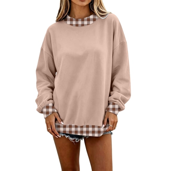 Women's Oversized Colorblock Crew Neck Sweatshirt Plaid Trim Patchwork Long Sleeve Loose Fit Pullover Top Cozy Featuring Playful Gingham Contrast Cuffs and Collar,Soft Casual Tunic Style. Khaki