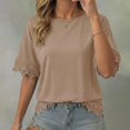 thumbnail image 1 of Women's Oversized Crew Neck Short Sleeve T Shirt, Lace Patchwork Detail with Relaxed Loose Fit, for Summer Casual Daily Wear or Street Style Outfits Khaki, 1 of 6