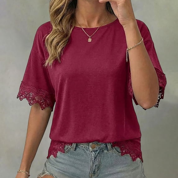Women's Oversized Crew Neck Short Sleeve T Shirt, Lace Patchwork Detail with Relaxed Loose Fit, for Summer Casual Daily Wear or Street Style Outfits Wine