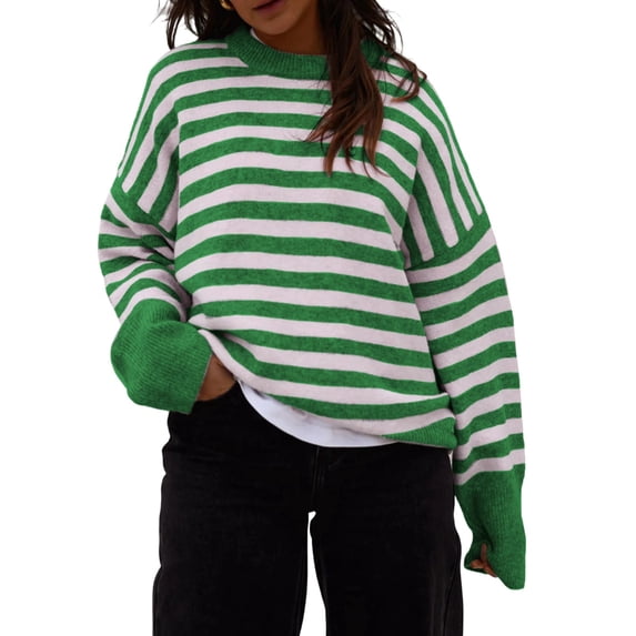 Women's Oversized Crew Neck Sweater Long Sleeve Knit Pullover Cozy Fall Tops Casual Loose Knitwear Green XL