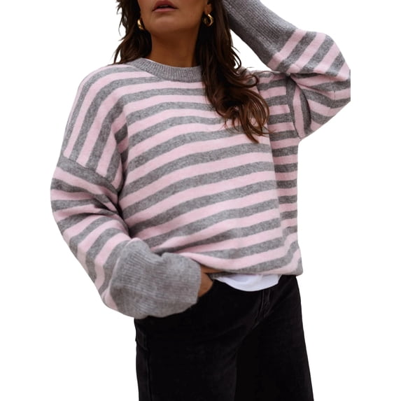 Women's Oversized Crew Neck Sweater Long Sleeve Knit Pullover Cozy Fall Tops Casual Loose Knitwear Pink M