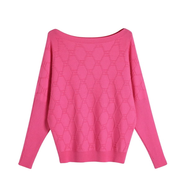 Women's Oversized Crewneck Sweater Batwing Puff Long Sleeve Cable Slouchy Pullover Jumper Tops Hot Pink Free Size