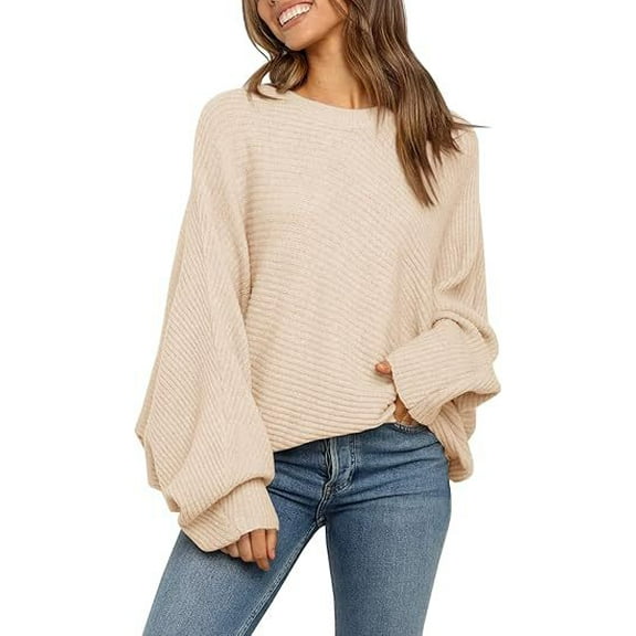 Women's Oversized Crewneck Sweater Batwing Puff Long Sleeve Cable Slouchy Pullover Jumper Tops